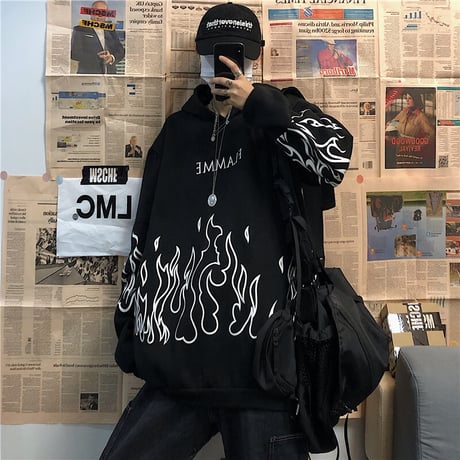 プルオーバー パーカー ユニセックス プラスベルベット 韓国ファッション メンズ レディース ファイヤーパターン プリント オーバーサイズ ストリート カジュアル DTC-605915772267