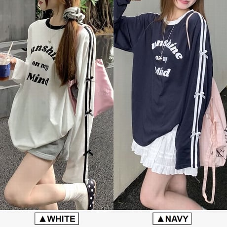 袖ライン リボン tシャツ レタープリント オーバーサイズ ロンt サイドライン トップス 長袖 レトロ 韓国ファッション レディース 大人可愛い ガーリー DTC-798807583548