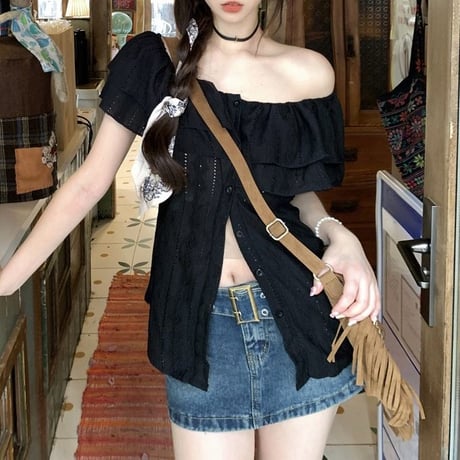 2way フリル ブラウス オフショルダー レース スリムフィット トップス 半袖 レトロ 大人可愛い ガーリー カジュアル DTCA-798480271659
