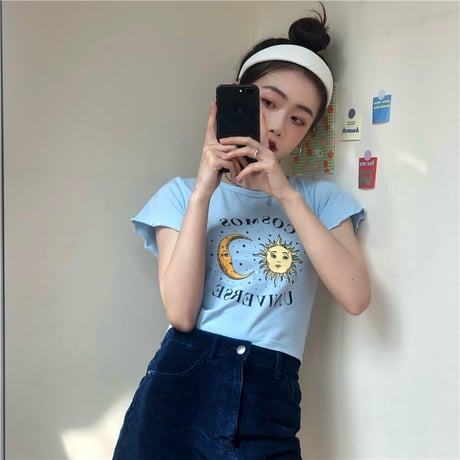 Tシャツ 半袖 袖切りっぱなし ショート丈 月と太陽 ブルー カジュアル レトロ  韓国ファッション レディース 大人可愛い ガーリー DTC-614247121002_bl