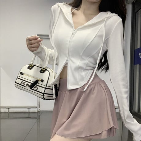 ダブルジップ パーカー ショート丈 トップス スリムフィット 長袖 レトロ 韓国ファッション レディース 大人可愛い ガーリー カジュアル DTC-763175238530