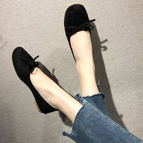 パンプス リボン フラットシューズ スエード ぺたんこ 韓国ファッション レディース シンプル フラットパンプス シューズ ラウンドトゥ キュート かわいい 598041301176