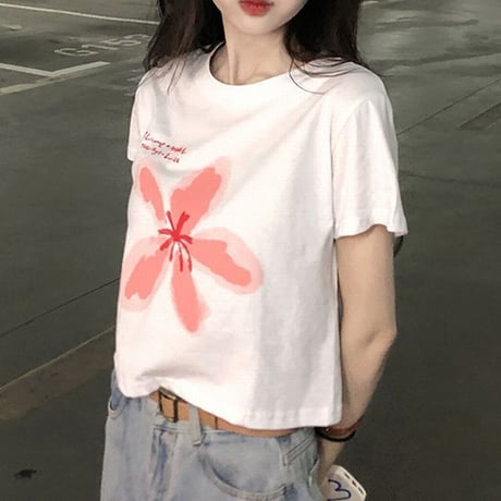 クロップド丈 Tシャツ 半袖 フラワープリント ショート丈 へそ出し 半袖Tシャツ レトロ 韓国ファッション レディース 大人可愛い ガーリー カジュアル DTC-675573313513