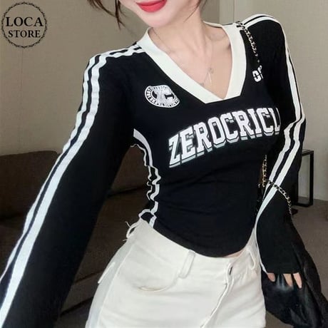 ユニフォーム風 tシャツ クロップド丈 ゲームtシャツ ロンT 袖ライン スリムフィット トップス Vネック 長袖 レトロ カジュアル スポーツミックス DTCA-817363745673