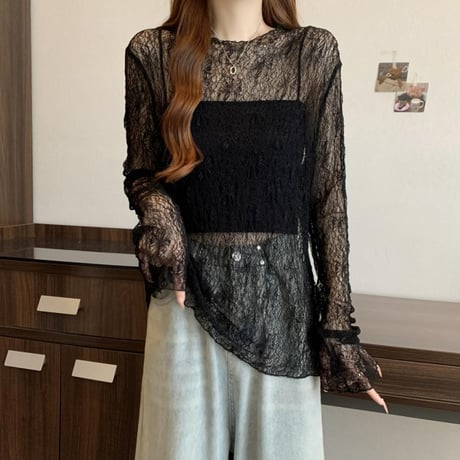 シアートップス レース tシャツ トップス クルーネック UVカット シアーtシャツ ゆったり ルーズ 長袖 レトロ 大人可愛い ガーリー トレンド DTCA-907055529072