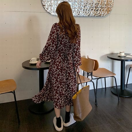 小花柄 ワンピース パフスリーブ ロング丈 ハイウエスト 長袖 クルーネック 薄手 韓国ファッション レディース 大人可愛い ガーリー フェミニン レトロDTC-655695330315