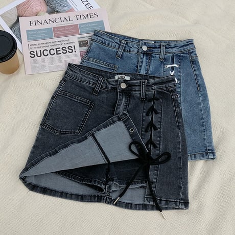 編込み デニムスカート ショートパンツ 韓国ファッション レディース スカパン インナーパンツ ハイウエスト ショート丈 Aライン ガーリー レトロ DTC-618967660120