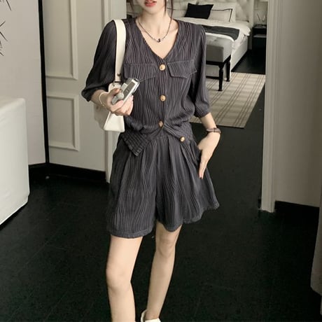 セットアップ 上下セット ノーカラージャケット ショートパンツ 半袖 ハイウエスト レトロ 韓国ファッション レディース 大人可愛い ガーリー カジュアル DTC-715103041687