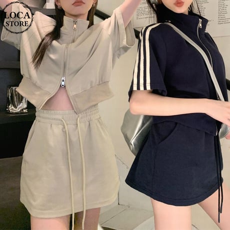 セットアップ スポーツMIX トップス スカート ショートパンツ 半袖 サイドライン クロップド丈 ジップ 上下セット 韓国ファッション レディース カジュアル DTC-713933890029