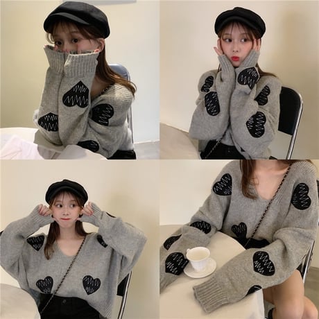 ハート刺繍 ニット セーター 韓国ファッション ゆったり 長袖 プルオーバー 可愛い 大人カジュアル 韓国 レディース (DTC-603675379010)