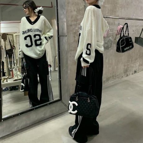 ニット トップス Vネック オーバーサイズ ドロップショルダー ルーズ 長袖 レトロ 韓国ファッション レディース 大人可愛い ガーリー スポーツミックス DTC-824100434464