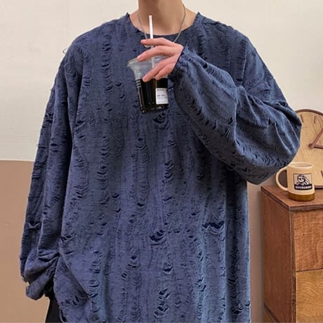 【3カラー】 ユニセックス ダメージ加工 Tシャツ 長袖 オーバーサイズ トップス 韓国ファッション メンズ レディース カジュアル 韓国ストリートファッション DTC-695763372099