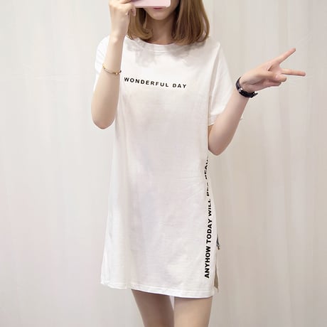 レディース サイドスリット ロングTシャツ ラウンドネック ゆったり Tシャツ レタリングプリント ストリート系 韓国ファッション (DCT-565267874379)