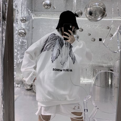 プルオーバー パーカー ユニセックス プラスベルベット 韓国ファッション メンズ レディース 天使 羽 プリント オーバーサイズ ストリート カジュアル DTC-604563611550
