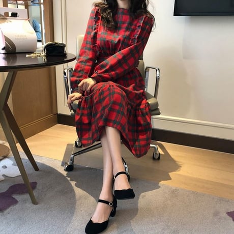 レディース チェック柄 ベルト付き ワンピース 長袖 ロングワンピース ラウンドネック 韓国ファッション オルチャン (DCT-583858540536)
