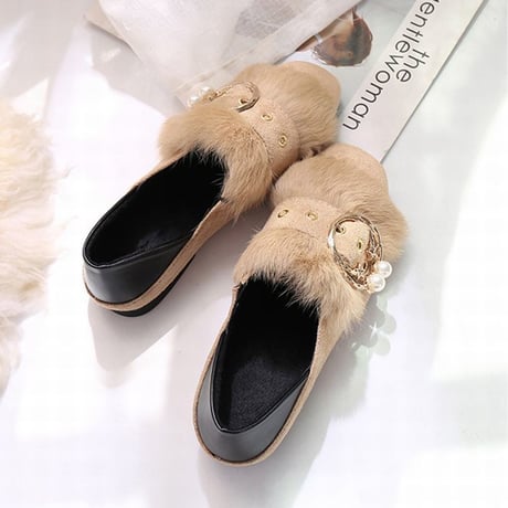 ファーパンプス 韓国ファッション レディース ファーシューズ フラットパンプス ベルト ぺたんこ ラウンドトゥ 美脚 DTC-578838180776