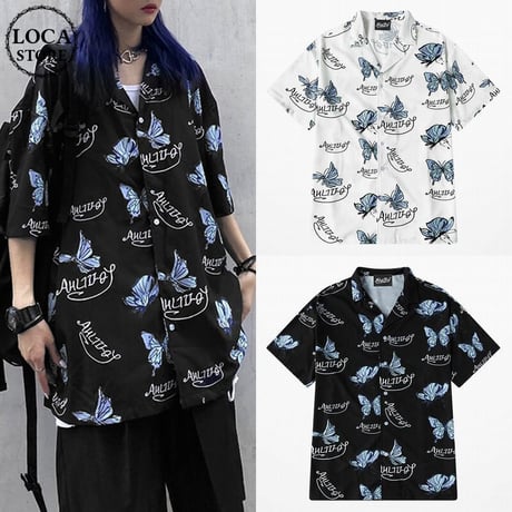 ユニセックス バタフライ柄 シャツ 柄シャツ 蝶々 半袖 オーバーサイズ 韓国ファッション メンズ レディース 大きめ カジュアル ストリート ファッション DTC-617906441343