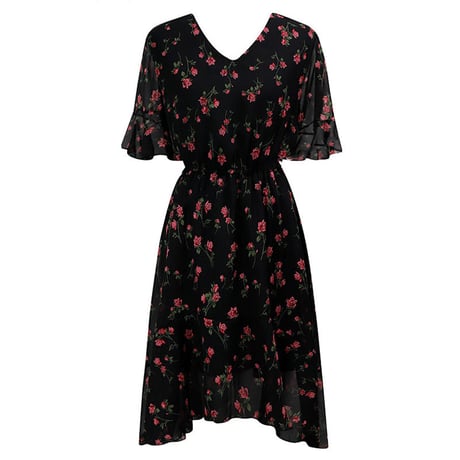 レディース 花柄シフォンワンピース レトロ ハイウエスト フェミニン ガーリー 韓国ファッション (DCT-594879835987)
