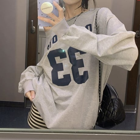 ロンT ワンショルダー ナンバーロゴ トップス オーバーサイズ tシャツ プルオーバー ゆったり 長袖 レトロ 大人可愛い ガーリー カジュアル DTCA-852707267778