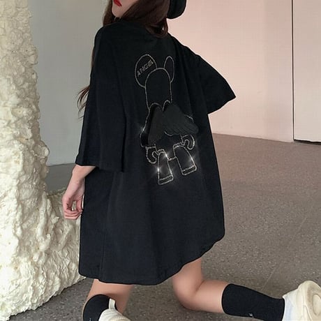 Tシャツ 半袖 スパンコール 羽 エンジェルくまちゃん シンプル ガーリー フェミニン カジュアル 韓国ファッション レディース 韓国ストリートファッション DTC-639357224388