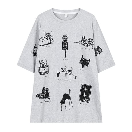 tシャツ 漫画風プリント トップス 半袖 クルーネック オーバーサイズ ルーズ ゆったり カジュアル レトロ 韓国ファッション レディース DTC-771349016436