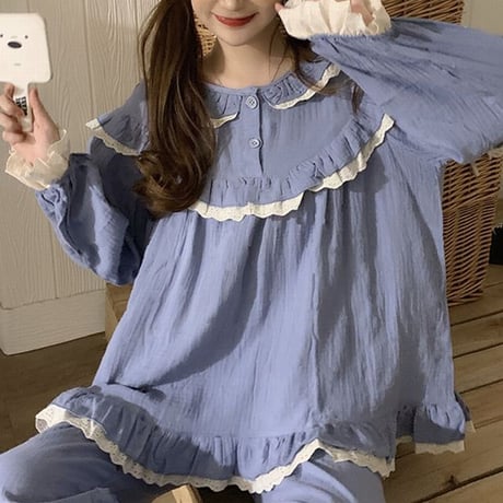 ルームウェア セットアップ パジャマ フリル トップス パンツ 上下セット 部屋着 長袖 韓国ファッション レディース 大人可愛い ガーリー フェミニン DTC-652575855880