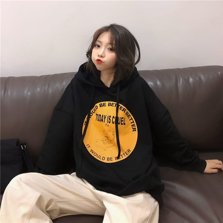 【選べる2カラー】 パーカー プルオーバー 韓国ファッション レディース ストリート系 ロゴ プリント 薄手 秋冬 秋 冬 (DTC-602174225125)