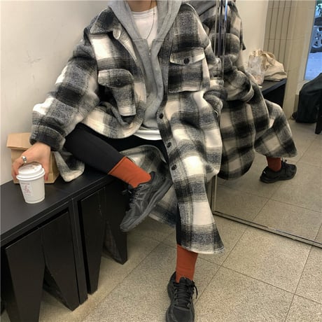 チェック柄 ロングコート ウールコート ルーズ 韓国ファッション レディース コート ゆったり カジュアル レトロ 大人カジュアル 大人可愛い ストリート系 DTC-635235027557