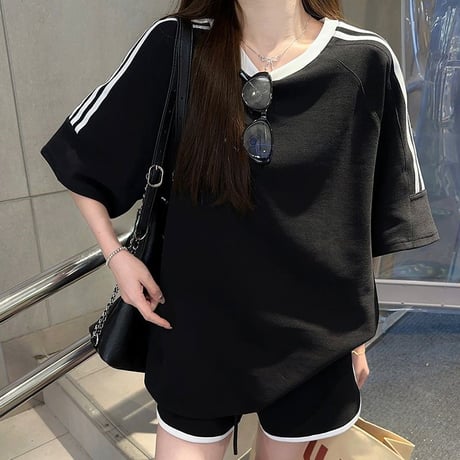 セットアップ サイドライン Tシャツ ショートパンツ 半袖 トップス ルーズ スポーツミックス レトロ 韓国ファッション レディース 大人可愛い ガーリー DTCA-953137451755