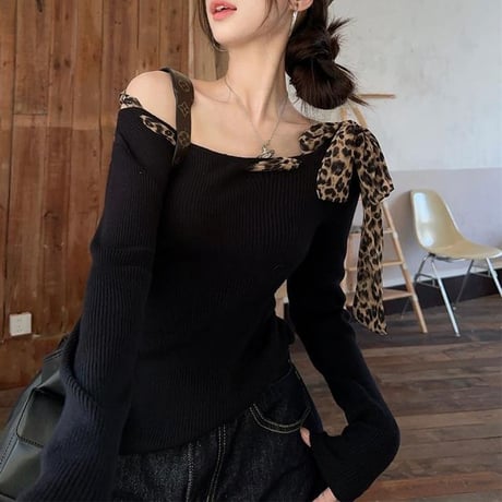 トップス ロンT オフショルダー ショート丈 レオパード柄 ヒョウ柄 スカーフ リボン ワンショルダー tシャツ リブニット スリムフィット 長袖 レトロ DTCA-835383356165
