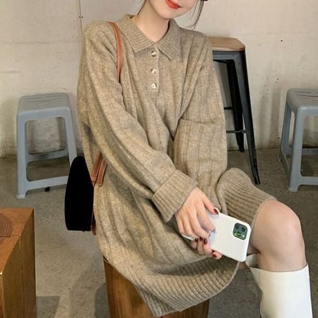 襟付き ニットワンピース ポロニット 厚手 ニット ワンピース ゆったり 韓国ファッション レディース カジュアル 大人可愛い ガーリー DTC-658628360608