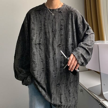 【3カラー】 ユニセックス ダメージ加工 Tシャツ 長袖 オーバーサイズ トップス 韓国ファッション メンズ レディース カジュアル 韓国ストリートファッション DTC-695763372099