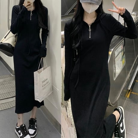 フード付き ニットワンピース ハーフジップ スリム ロングワンピース ニット ハイウエスト 長袖 レトロ 韓国ファッション レディース 大人可愛い ガーリー DTC-737695949703