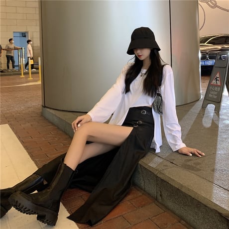 2点セット 不規則 Tシャツ 長袖 ＋ ロングスカート スリット バックル 韓国ファッション レディース セットアップ Tシャツ スカート 大人可愛い ガーリー DTC-626234293153