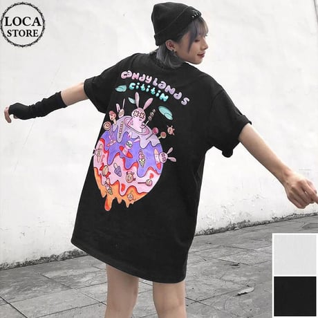 ユニセックス Tシャツ CandyLand ウサギ ラビット 半袖 オーバーサイズ カジュアル 韓国ファッション メンズ レディース 韓国ストリートファッション DTC-621904503716