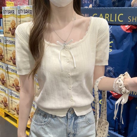 ニット tシャツ リボン レース ショート丈 薄手 スクエアネック トップス スリムフィット タイトフィット 半袖 レトロ 大人可愛い ガーリー DTCA-927556917788