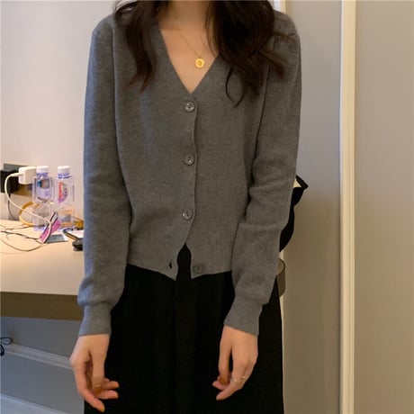 ニットカーディガン Vネック 薄手 シンプル トップス ショート丈 長袖 レトロ 韓国ファッション レディース 大人可愛い ガーリー カジュアル DTC-623854122742