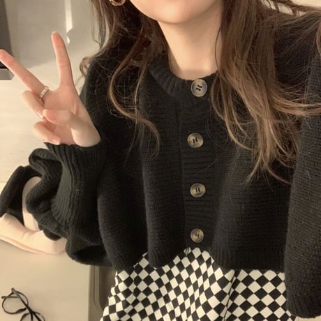 セットアップ クロップド丈 ニットカーディガン ブロックチェック柄 スリングワンピース キャミワンピース レトロ 韓国ファッション レディース 大人可愛い ガーリー DTC-664535796023