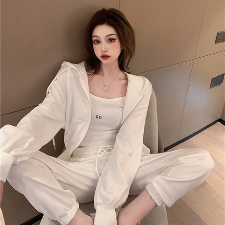 セットアップ 3点セット スウェット パーカー ジップアップ ショート丈 キャミソール タンクトップ パンツ ボトムス 長袖 ルーズ レトロ カジュアル DTCA-685560674661