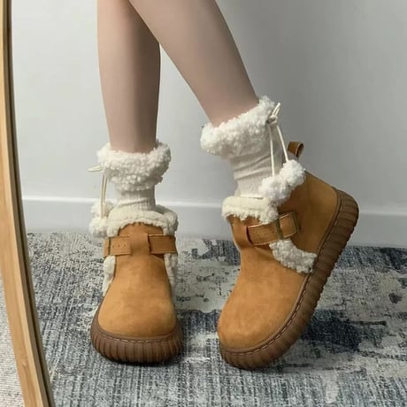 ショートブーツ 22.5～25.0cm インナーボア ムートンブーツ ブーツ ベルト もこもこ シューズ カジュアル かわいい 韓国ファッション レディース DTC-740944078640
