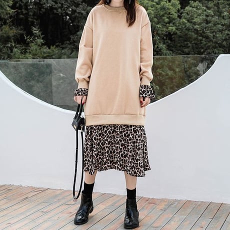 レディース レオパード フリルポイント ドッキングワンピース ロング丈 フレアスカート レイヤード風 重ね着風 韓国ファッション オルチャン (DCT-581221757538)