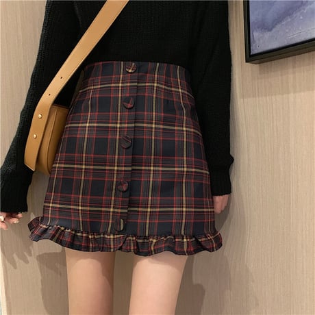 チェック柄 ミニスカート 裾フリル フロントボタン ショート Aライン ハイウエスト 韓国ファッション レディース スカート 大人可愛い ガーリー フェミニン DTC-652966930448