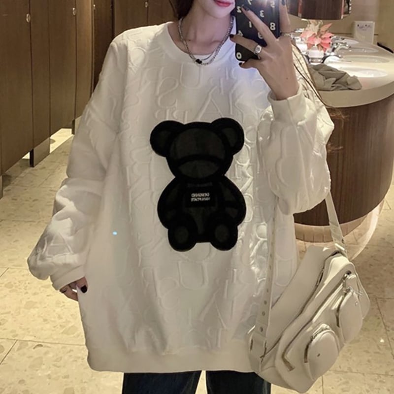 韓国 ファッション トレンド クマ トレーナー2020 新作 秋冬 クマちゃん トレーナー ベアー オーバーサイズ 長袖 韓国