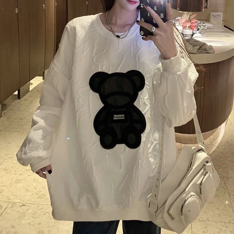 韓国 レディース チェッカーフラッグ ベア くま トレーナー 白 fit=scale-down,w=1200