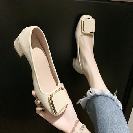 バックル付 パンプス チャンキーヒール 4cm 韓国ファッション レディース シンプル スクエアトゥ シューズ キュート 痛くない かわいい 歩きやすい 610846873186