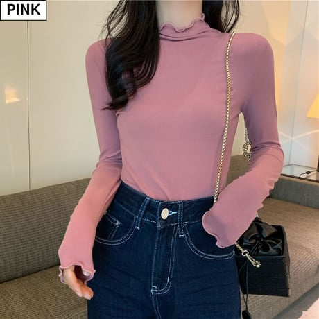 スリムフィット カットソー 長袖 ハーフネック フリルネック 韓国ファッション レディース Tシャツ 伸縮性 無地 シンプル 大人可愛い ガーリー DTC-628616580526