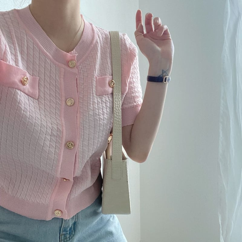 【未使用】ピンク ニットカーディガン 半袖 ニット 透かし編み トップス カーディガン 半袖 サマーニット