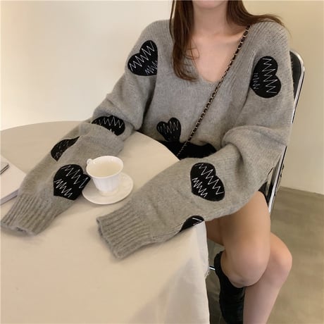ハート刺繍 ニット セーター 韓国ファッション ゆったり 長袖 プルオーバー 可愛い 大人カジュアル 韓国 レディース (DTC-603675379010)