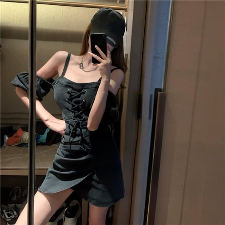 デニム ワンピース 絞り上げ 半袖 ハイウエスト パフ袖 韓国ファッション レディース 大人可愛い ガーリー DTC-643037180623