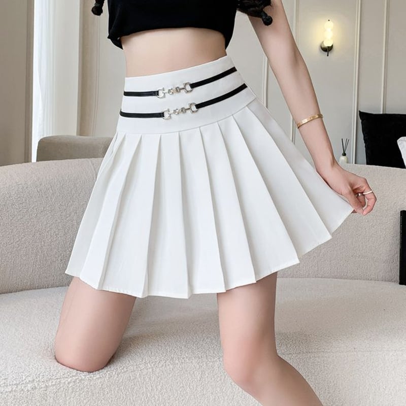 ダブルベルト風デザイン プリーツスカート ウエストマーク ハイ